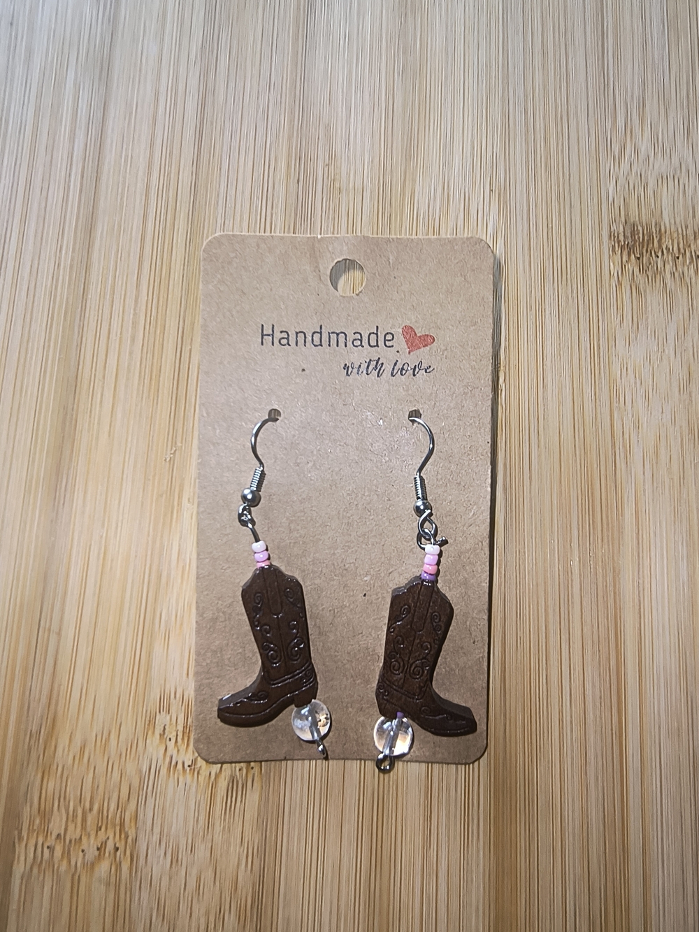 Hand Crafted Brown Cowboy Boot Earrings with Pink Beads